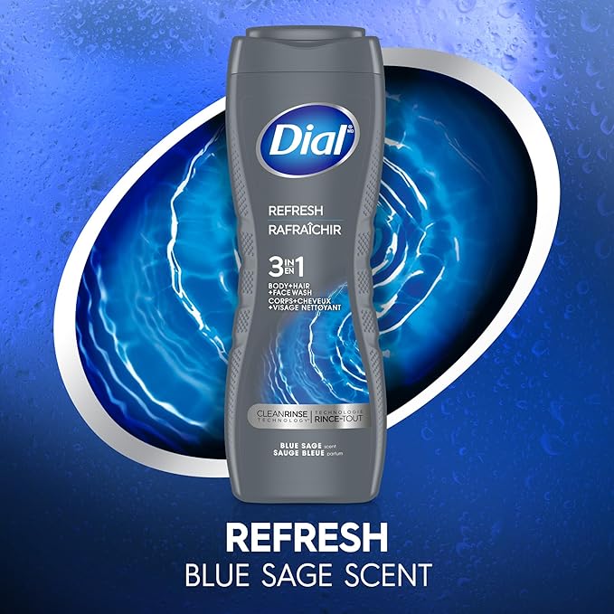 Dial Men 3 in 1 Body, Hair and Face Wash, Refresh, 16 Fl Oz (Pack of 4), Blue Sage Scent, Cleanses Deep + Gentle on Skin with Clean Rinse Technology