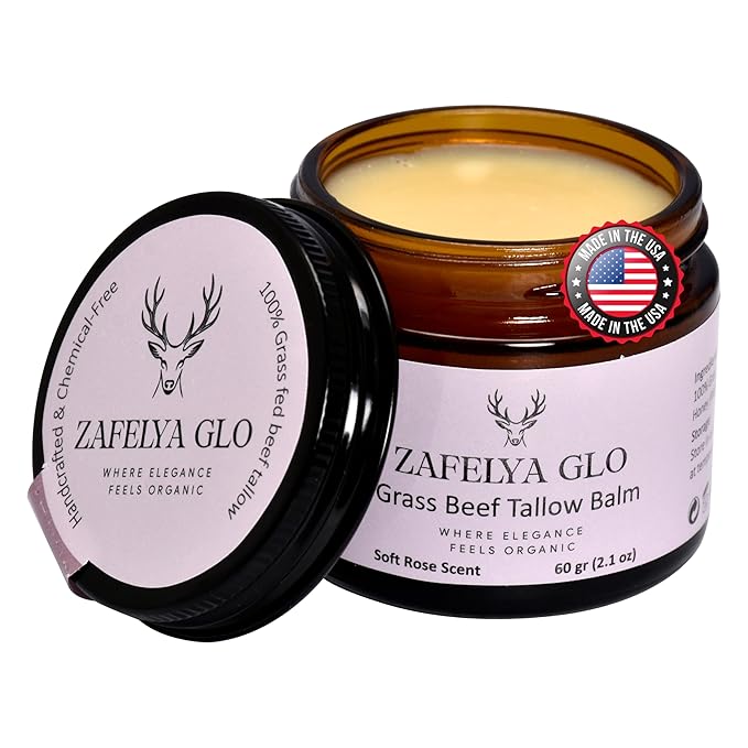 Grass-Fed Beef Tallow Balm with Raw Honey - US Handmade Tallow Moisturizing balm for All Type of Skin & Body - Organic Beef Tallow moisturizer (2.1 oz Rose Scent)