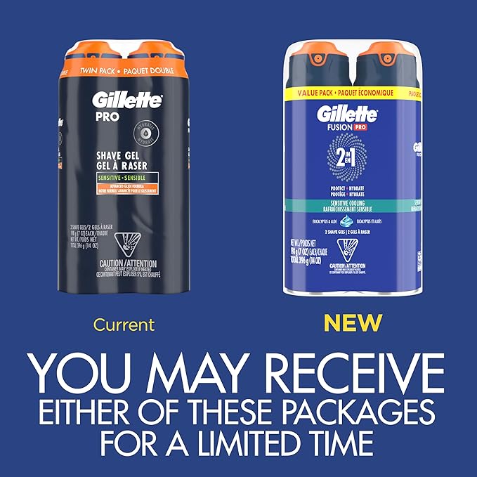 Gillette PRO Shaving Gel For Men Cools To Soothe Skin And Hydrates Facial Hair, TWIN PACK - Total 14oz, ProGlide Sensitive 2 in 1 Shave Gel