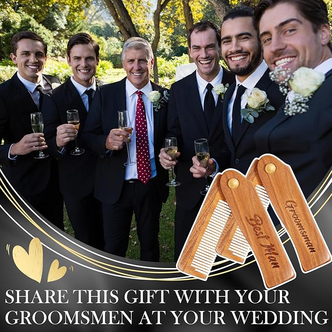 6 Pcs Groomsmen Gifts Folding Beard Comb for Men with Opener Groomsmen Gift Set of 6 Best Man Proposal Gift Combs Hair Mustache for Wedding Party Favor Grooming Detangling(Wooden,Wood Color)
