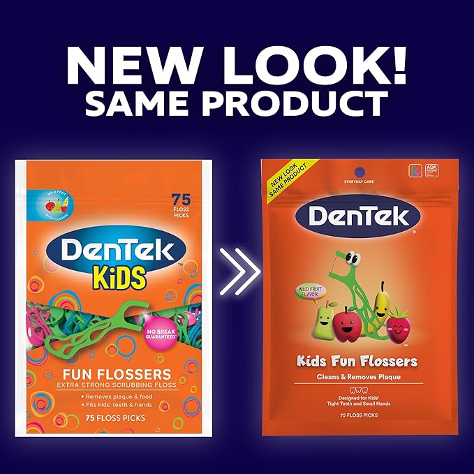 DenTek Fun Flossers – Kids Floss Picks with Wild Fruit Flavor, 75 Count, Pack of 6