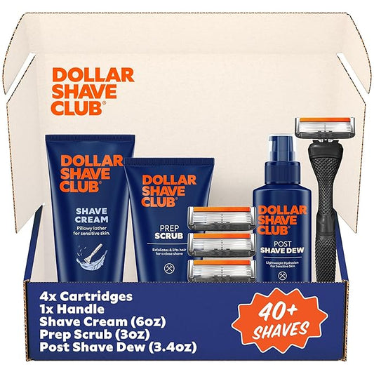 Dollar Shave Club | Ultimate Set | 4 Extra Close Refill Cartridges, 1 Handle, 1 Prep Scrub 3 ounce, 1 Shave Cream 6 ounce, 1 Post Shave Dew 3.4 ounce