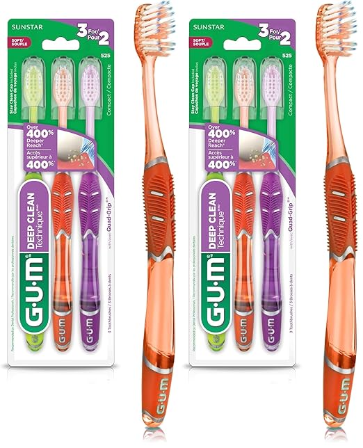 GUM Technique Deep Clean Toothbrush - Compact Head - Soft Toothbrushes for Adults with Sensitive Soft Bristles, 3 Count (Pack of 2)
