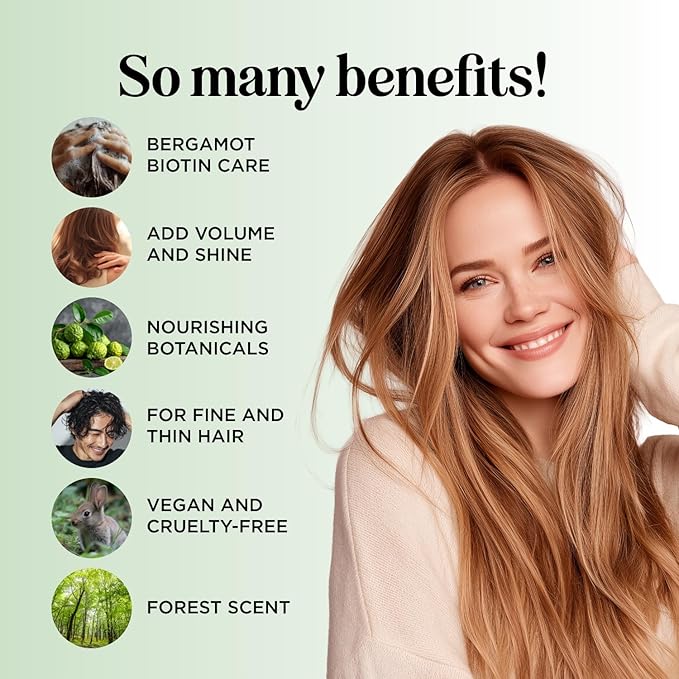 Woodsy Biotin Shampoo for Thinning Hair - Volumizing Shampoo for Fine Hair with B Vitamins Rosemary Bergamot Spruce & Tea Tree Oils - Paraben Silicone and Sulfate Free Vegan Formula (16 Fl Oz)