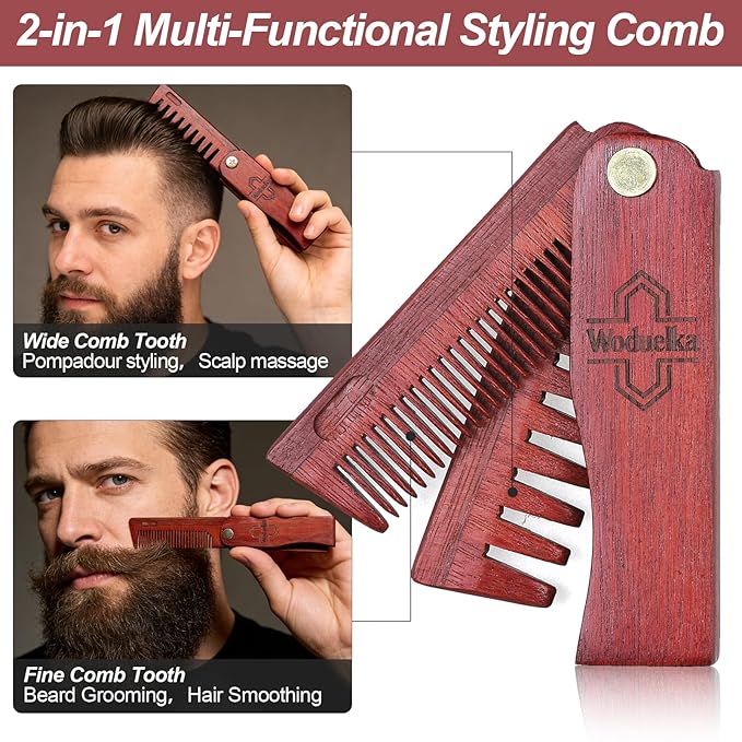 2 In 1 Folding Pocket Comb - Wooden Beard & Hair Styling Tool for Men, Fine Tooth & Wide Tooth Small Comb for Grooming Hair, Beards and Mustache, 180° Rotatable for Outdoor Travel & Home Use