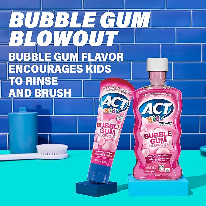 ACT Kids Anticavity Fluoride Mouthwash, Sugar & Alcohol Free Mouth Rinse Strengthens Teeth, Bubble Gum Blowout, 16.9 fl. oz. (Pack of 2)