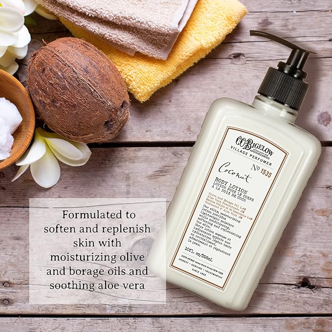 C.O. Bigelow Coconut Body Lotion, Village Perfumer Moisturizing Body Lotion with Aloe Vera, Borage Oil & Olive Oil, 10 Fl Oz