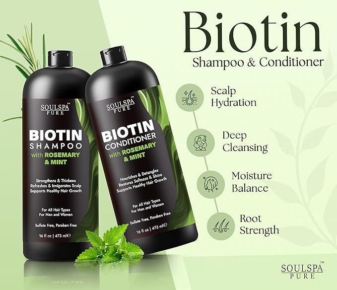 Biotin Rosemary Shampoo and Conditioner Set - Sulfate Free Scalp Care & Hair Strengthening for Thinning, Color-Treated Hair - Rosemary Oil for Men & Women - Made in USA - 16 fl oz Each