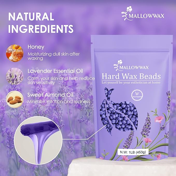 Hard Wax Beads, Wax Beans for Hair Removal, Natural Lavender, Stripless, Coarse Body Hair Specific - Ideal for Bikini, Brazilian, Legs, Underarms, Chest, 16 Ounce