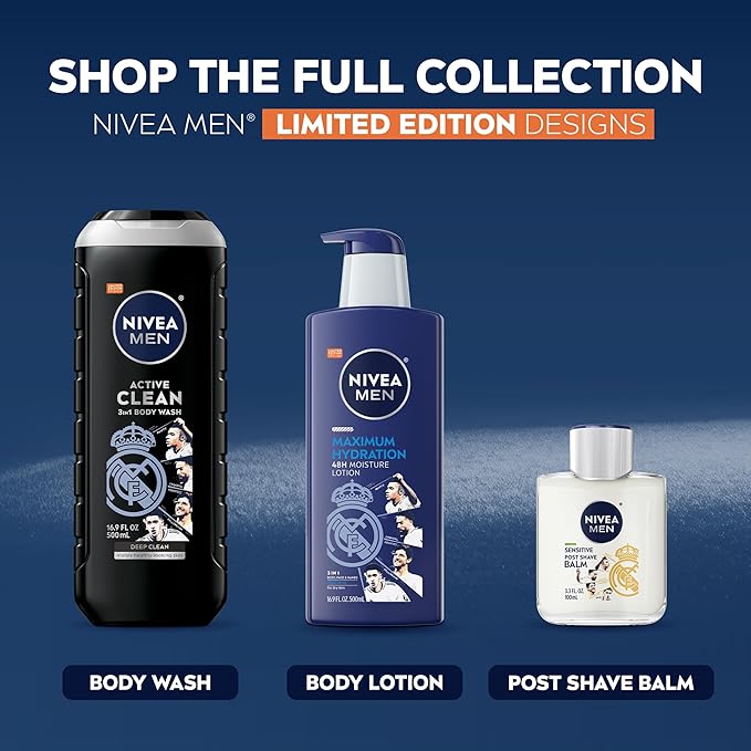 NIVEA MEN Real Madrid Limited Edition Design Sensitive Post Shave Balm, with VitaminPro Complex, Alcohol Free After Shave Balm for Men, 3.3 Fl Oz Bottle