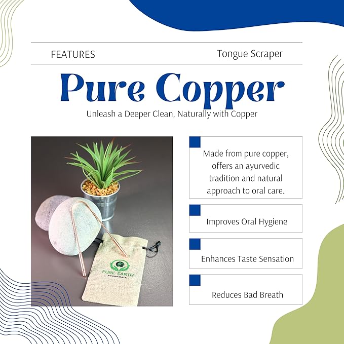 Pure Copper Tongue Scraper for Adults and Kids - Ayurvedic Tongue Cleaner with Case - Reusable Copper Tongue Cleaner for Fresh Breath and Daily Oral Care by PURE EARTH Essentials (1 Piece/Pack)