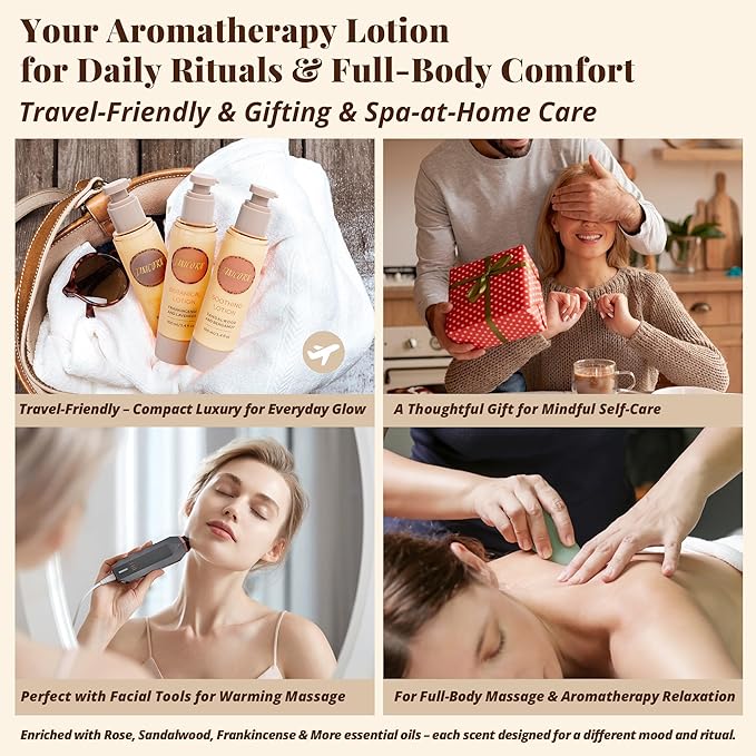 Sandalwood & Bergamot Aromatherapy Body & Massage Lotion – Lightweight, Hydrating Moisture with a Woody-Citrus Essential Oil Aroma for a Refreshing Self-Care Experience, 3.4 fl oz / 100 ml