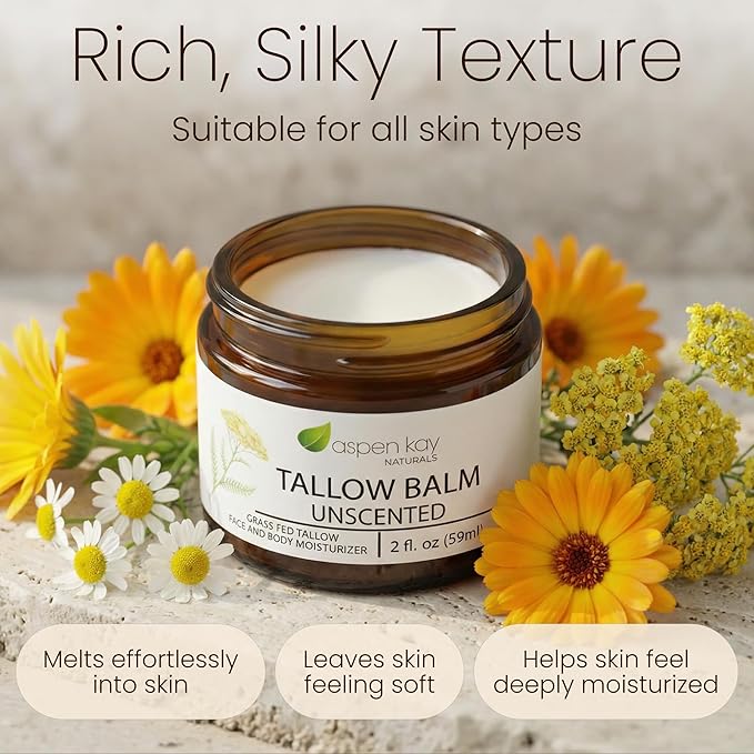 Aspen Kay Naturals Handmade 100% Grass Fed Beef Tallow Balm for Skin Care, Organic Moisturizer + Chamomile, Yarrow & Calendula (Unscented) Organic Body Butter - 2 fl. oz. Made in USA