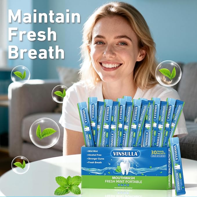VINSULLA Travel Size Mouthwash - Portable Packets,Alcohol & Fluoride Free,Fresh Cool Mint Flavor,Disposable Oral Care Strips for On-The-Go Hygiene (0.41 Fl Oz (Pack of 30), Mint)