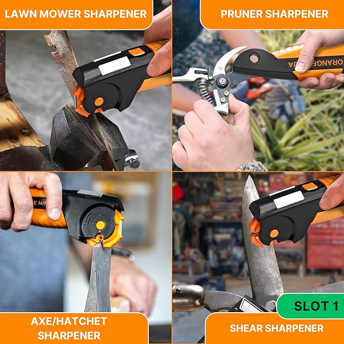Orange Ninja 7-in-1 Knife & Garden Tool Sharpener – Sharpens Pocket Knives, Axe, Hatchet, Machete, Pruner & Hedge Shears – Repairs & Hones Edges by Sharp Pebble
