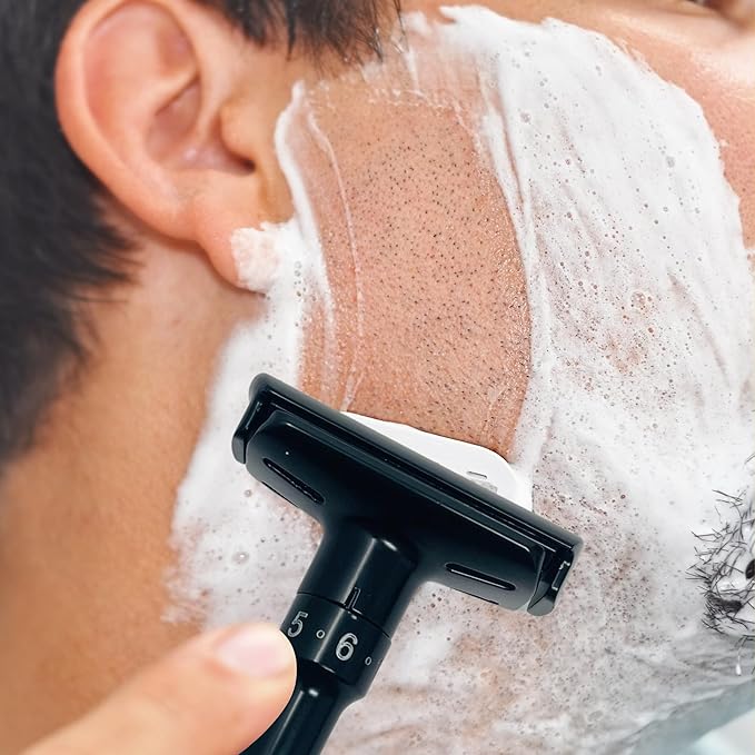 G.B.S Double Edge Safety Razor – Premium Black Steel Shaving Razor with Weighted Handle, Leather Travel Case & 10 DE Blades – Smooth, Close, and Comfortable Shave for Men