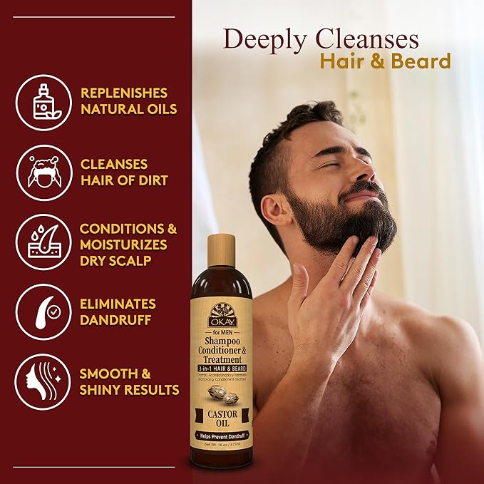 Okay-MEN 3 in 1 Shampoo and Conditioner - Castor Oil Shampoo and Conditioner, Beard Wash, Clarifying Treatment for Dry Damaged Hair, Dandruff, Curly Hair - 16 Fl Oz (Pack of 1)