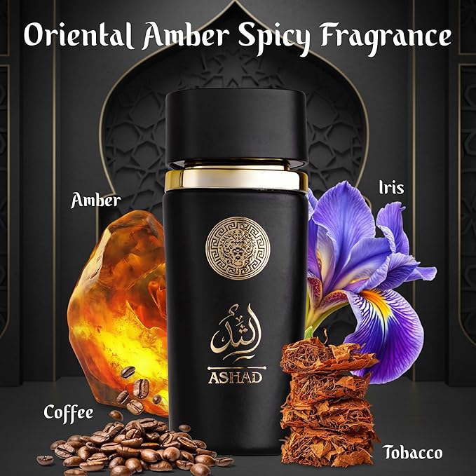 SAADAH Ashad Eau De Parfum for Men 4.0 Fl.oz, 120ml Oriental Amber Spicy Fragrance, Bold Black Pepper Tobacco Pineapple, Coffee Patchouli Vanilla Amber, Long Lasting Masculine Luxury Scent
