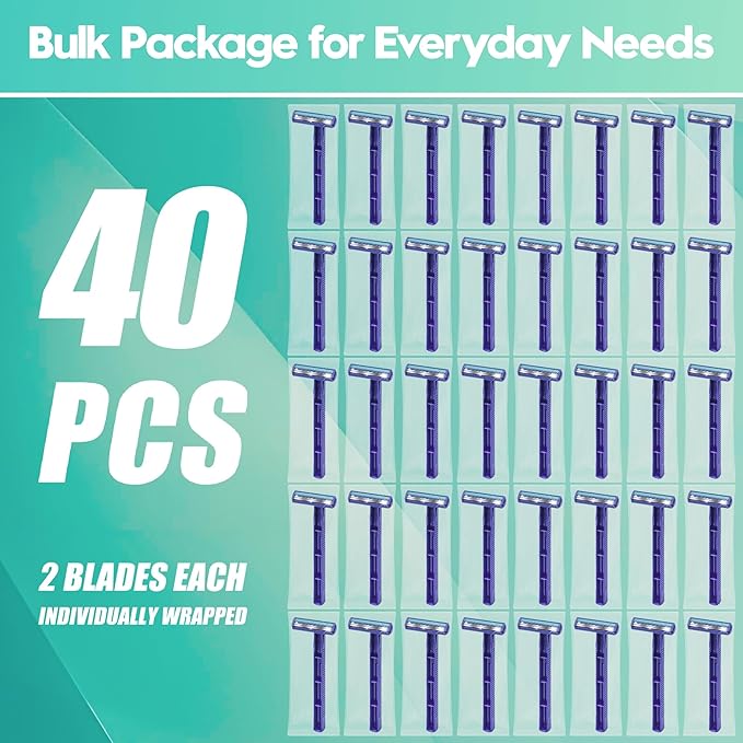Individually Wrapped Twin Blade Disposable Razors – 40 Pack Stainless Steel Shavers with Lubricating Strip, Safety Cap & Non-Slip Handle for Sensitive Skin, Travel, Hotel, Hygiene Use