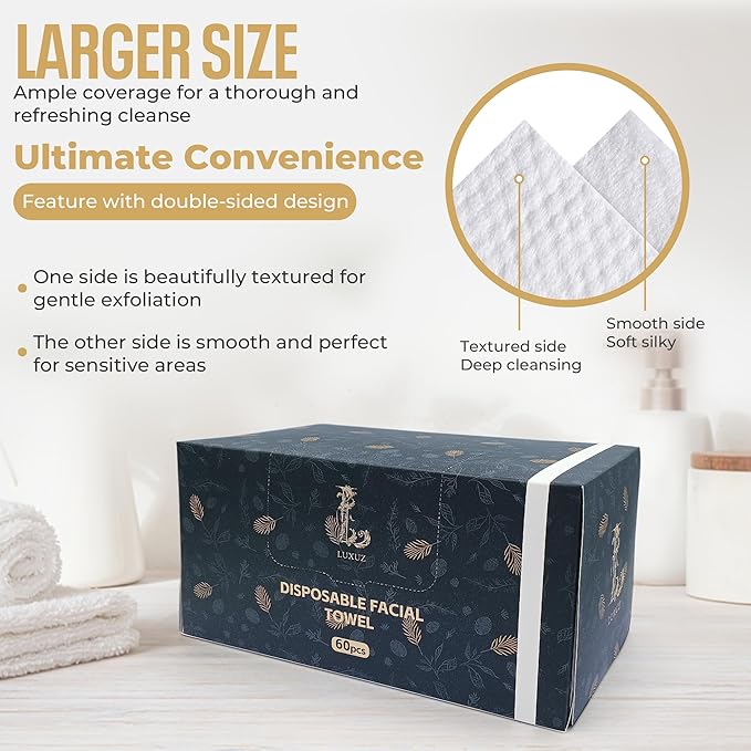 Disposable Facial Towels – Ultra Soft Biodegradable Dry Face Wipes for Sensitive Skin, Lint-Free Cleansing & Makeup Removal Towels for Daily Skincare Routine, 60 Count