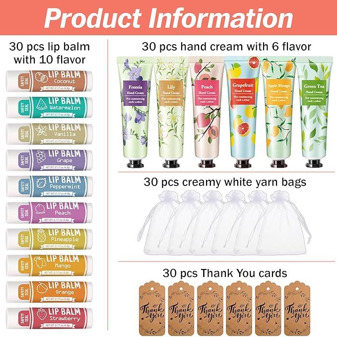 AZEN 30 Sets Bulk Gifts, Hand Cream and Lip Balm Bulk Set with Organza Bag Thank You Card, Baby Shower Wedding Gifts for Guests, Bridal Wedding Favors for Guests,Thank You Gifts for Women