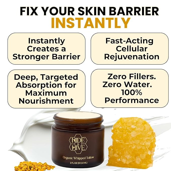 HIDE & HIVE Whipped Tallow Balm – Grass-Fed Moisture for Face, Body & Hands – Organic Beef Tallow for Skin with Royal Jelly & Propolis – Clean, Non-Greasy Balm for Dry, Sensitive Skin