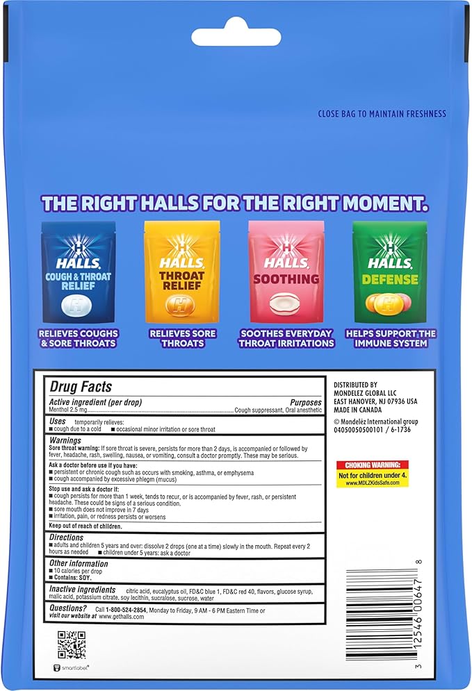 Halls Throat Relief Blueberry Cough Drops, Value Pack, 80 Drops
