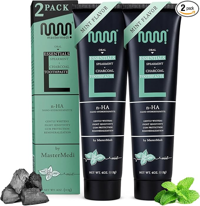 MasterMedi Nano Hydroxyapatite Whitening Toothpaste with Xylitol, Charcoal & Spearmint – Fluoride & SLS Free, Remineralizing Formula for Sensitive Teeth, Enamel Repair, 4 oz (Pack of 2)