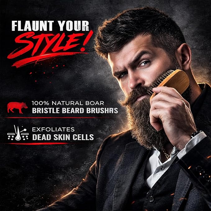 Beard Brush for Men with Beard & Mustache Comb Set, Beard Grooming & Care Kit, Natural Boar Bristle Brush, Dual Action Wood Comb, Grooming Scissors, and Travel Bag, Great Fathers Day, Dad & Men Gifts
