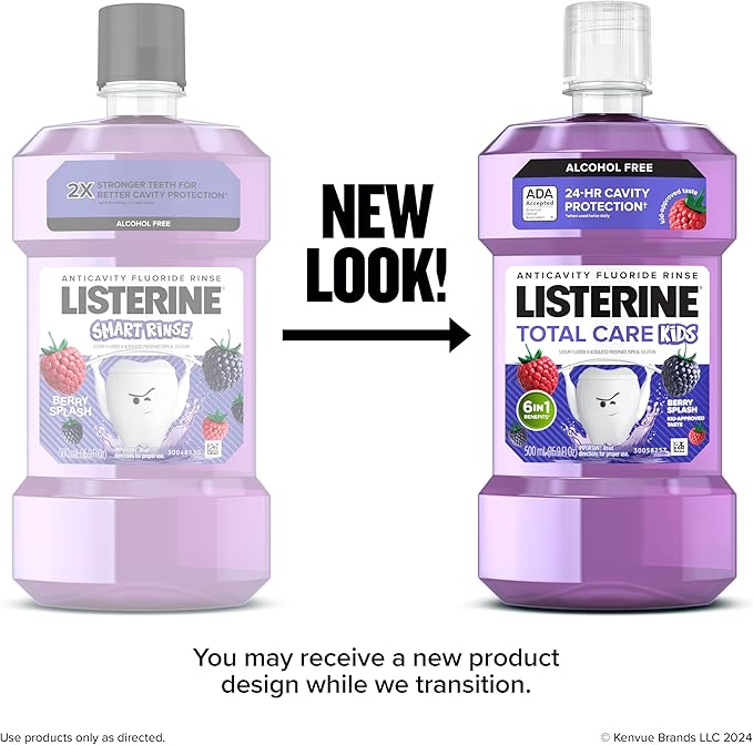 Listerine Total Care Kids Mouthwash, ADA Accepted, Alcohol-Free Anticavity Sodium Fluoride Mouthwash, Oral Rinse for Cavity Protection, Berry Splash Flavor for Kids Oral Care, 16.9 Oz, 6-Pack