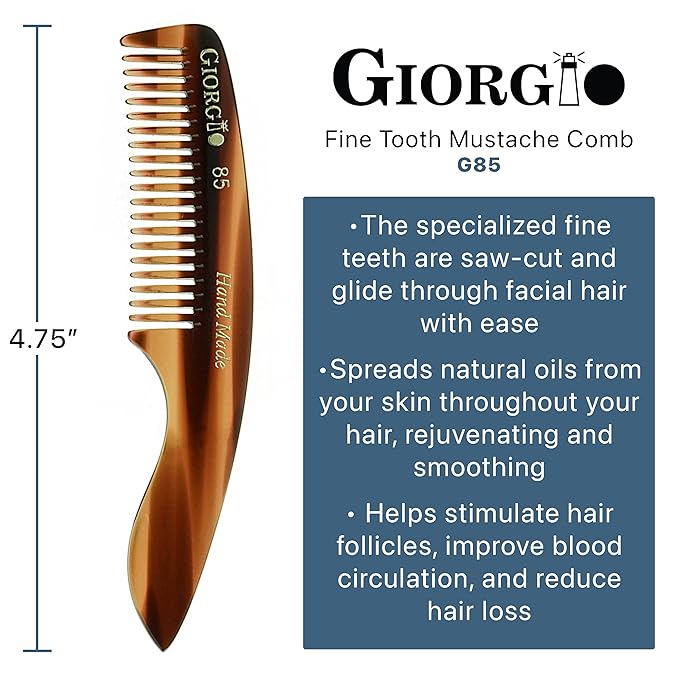 Giorgio G85 Travel Size Mustache and Beard Comb for Men - Small Fine Tooth Pocket Styling Comb for Everyday Hair Care - Sawcut and Hand Polished Handmade Tortoiseshell
