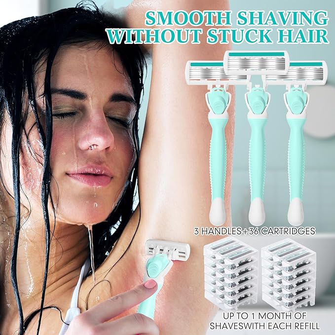 Lasnten 39 Pcs Disposable Women Razors 6 Blade Sensitive Skin Shaving Razor Set Include 3 Non Slip Handles and 36 Refills(Green)
