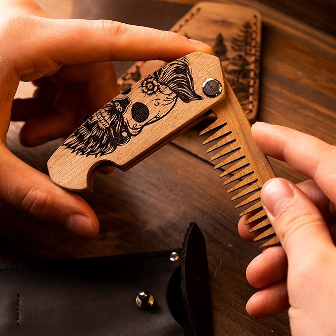 Beard Comb Personalized Gifts Anniversary Gift Wooden Brush Custom Comb Groomsmen Gift Hair Brush Pocket Brush Birthday Gift for Boyfriend (Walnut, Half Skull)