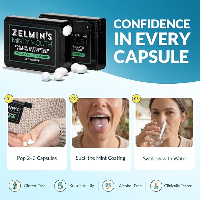 Zelmin's Minty Mouth Breath Freshener - (3 Pack) Long Lasting Bad Breath Treatment for Adults, Instant Freshness Helps with Dry Mouth, Natural Breath Mints for Travel, Alcohol-Free, Keto, Gluten-Free