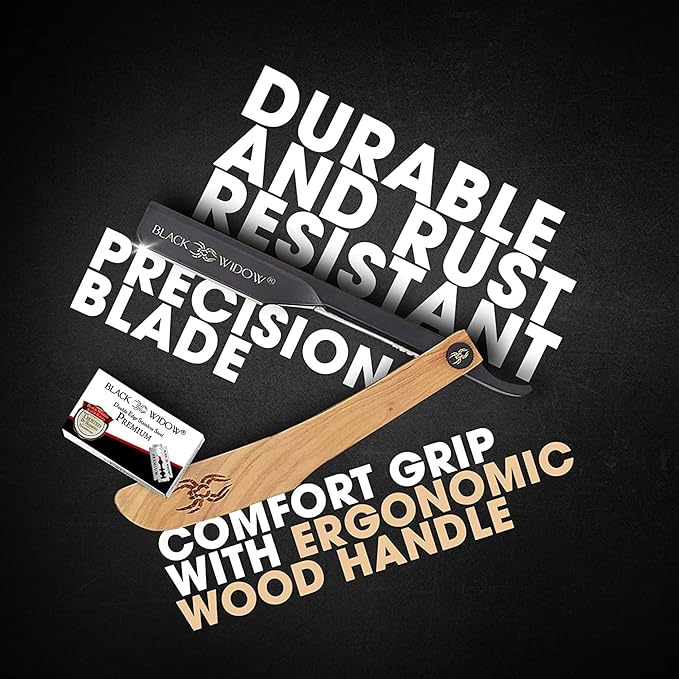 Black Widow Straight Razors for Men - Professional Barber Straight Edge Razor Kit with 10 Blades, Wooden Stainless Steel Barbero Shaver for a Smooth & Premium Barber Razor for Men's Shaving