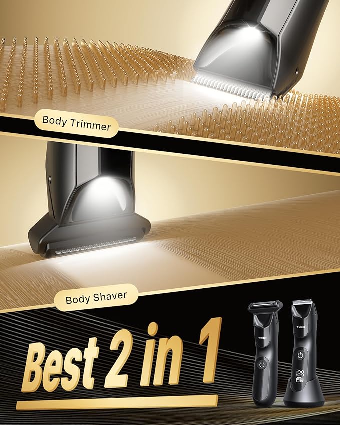 Men’s 2-in-1 Body Groomer Kit, Electric Body Trimmer for Face, Intimate Areas, Wet/Dry Use, Anti-Slip Grip, LED Light, Cordless Hair Shaver for Men, Ideal for Travel & Daily Grooming