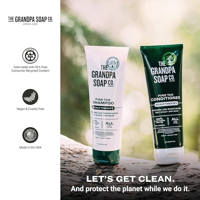 The Grandpa Soap Company Pine Tar Shampoo - Cleanses and Moisturizes Dry Scalp, With Pine Tar and Tea Tree Oil, All Hair Types, Vegan, Sulfates and Parabens Free, 8 Fl Oz