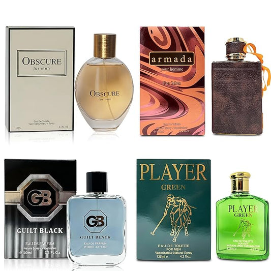 Men's Cologne Gift Set 4 Pack(Obscure&Guilt Black&Player Green&Armada) - 3.4 Fl Oz Each | Vanilla Bourbon, Leather & Amber Floral Fragrance | Luxury Eau de Toilette