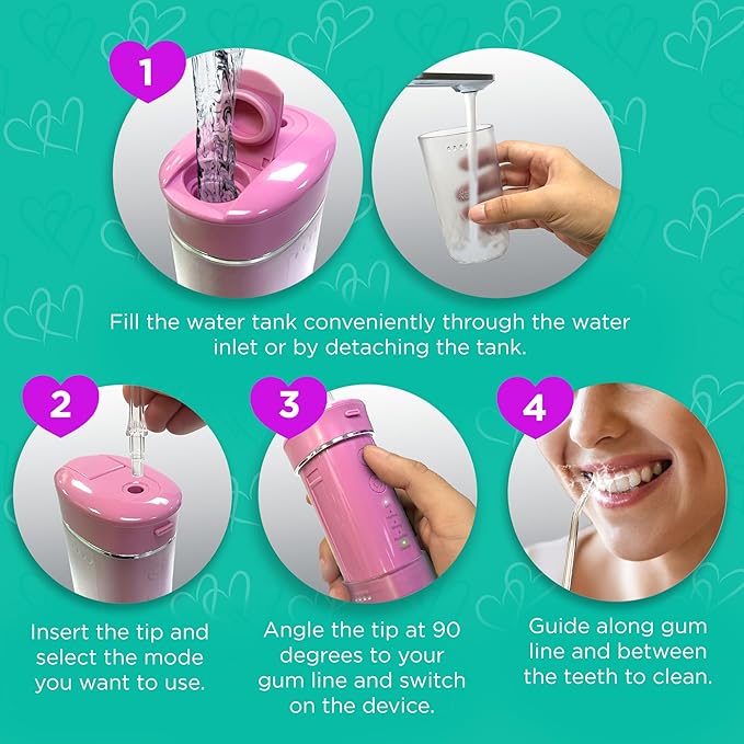 GuruNanda Compact Water Dental Flosser, Portable Travel Size Oral Irrigator Flosser with Collapsible 180 ml Tank, Smart Timer, 4 Flossing Modes, TSA-Friendly - Pink
