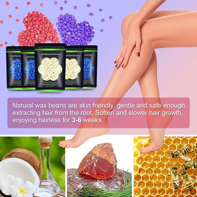 Wax Beads for Hair Removal 1.1 lb (17.6 oz), Hard Wax Beads for Sensitive Skin - Brazilian, Face, Bikini, Legs, Eyebrow, Painless Waxing Beads Kit for Women Men, 5 Packs with 10 Wax Sticks