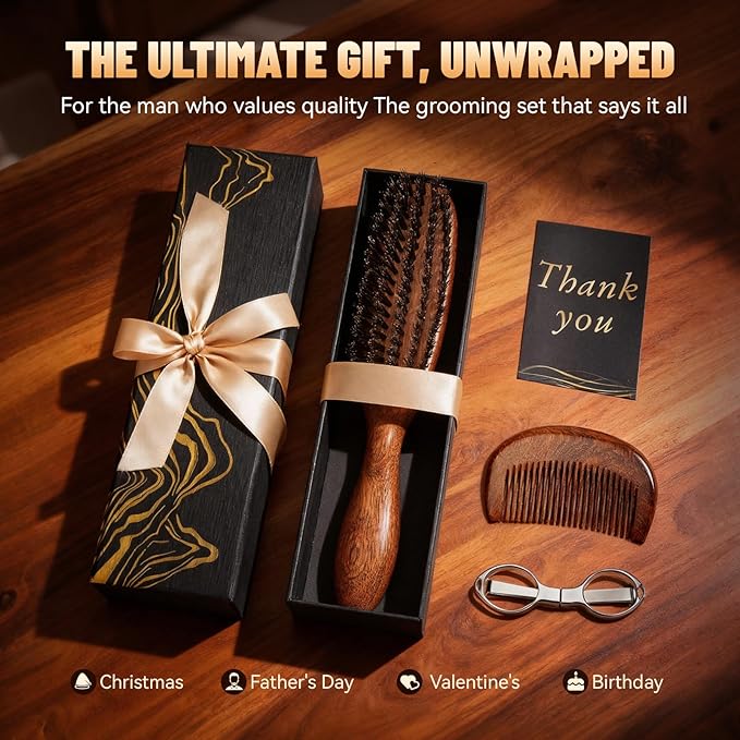Hair and Beard Brush Kit for Men with Natural Boar Bristles and Sapele Wood Ergonomic Handle, Mustache Comb Grooming Gift for Thin Fine Hair Growth, Detangle, Smoothing, Taming, 9.1 Inches