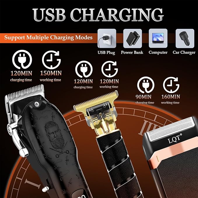 Vintage Black Professional Hair Clippers for Men, Cordless T-Blade Beard & Mustache Trimmer Kit, LED Display, Rechargeable Electric Hair Cutting Machine for Home & Barber, Best Gift for Holidays