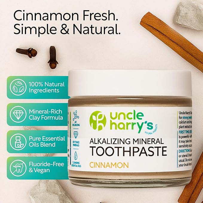 Uncle Harry's Cinnamon Remineralizing Toothpaste | Natural Whitening Toothpaste Freshens Breath & Promotes Enamel | Vegan Fluoride Free Paste (4 Pack)