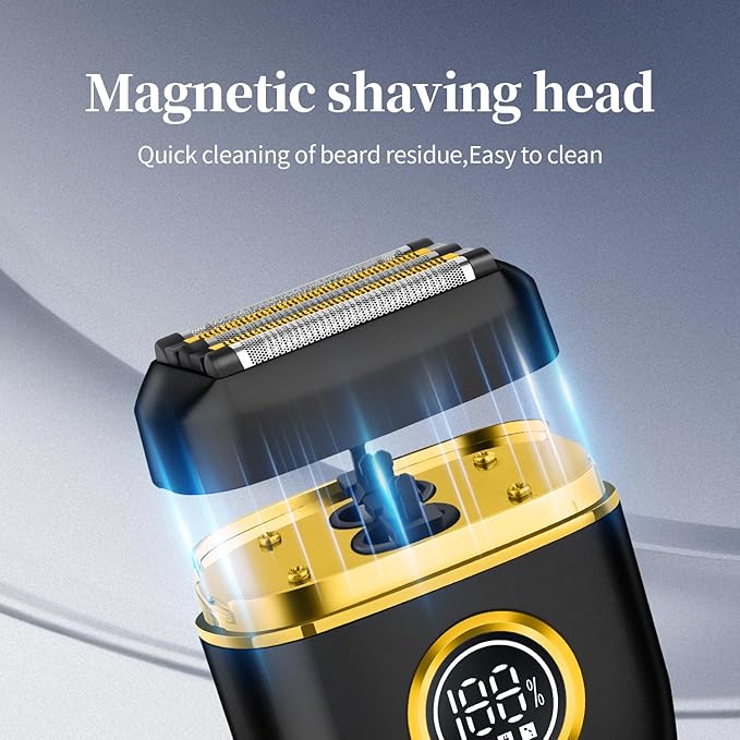 HIENA PRO Men's Electric Foil Shaver - USB-C Rechargeable, IPX7 Waterproof, Pocket-Sized with LED Display for Travel & Home (Black Gold)