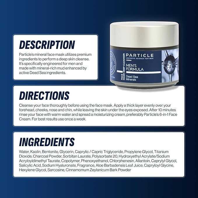 Particle Mineral Face Mask for Men, Hydrating and Deep Cleansing Clay with Charcoal, Aloe Vera, Panthenol & Dead Sea Minerals, Men's Cleanser, Refreshing Weekly Skin Care Routine, 3.38 FL OZ