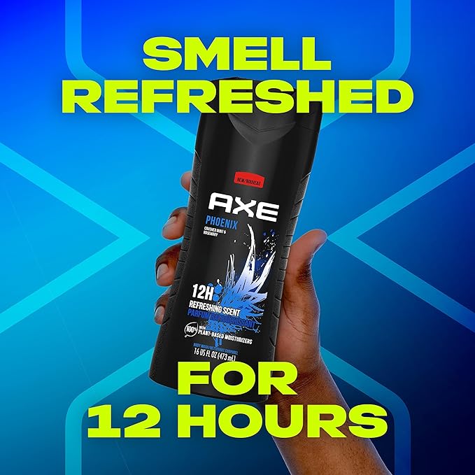 AXE Body Wash Phoenix 12h Refreshing Scent Crushed Mint & Rosemary Men's Body Wash with 100% Plant-Based Moisturizers 16 oz,(Pack of 8)