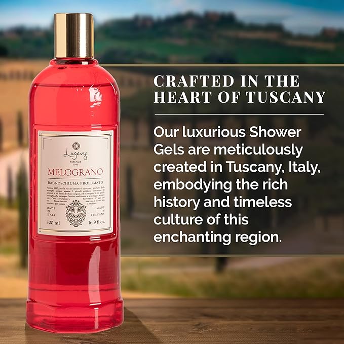 Logevy Melograno Shower Gel – Indulgent Pomegranate Aroma Made from the Best Skin-Friendly Ingredients, Rich in Nutritional Properties for Rejuvenating, Hydrating, and Soothing Action – 500ml