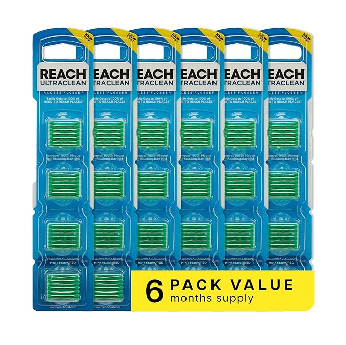 REACH Ultraclean Access Flosser Refill Heads, Mint, Plaque Remover for Teeth, Shred Resistant, for Hard to Reach Areas, Oral Care, PFAS Free, for Adults & Kids, 6 Pack, 28 Count