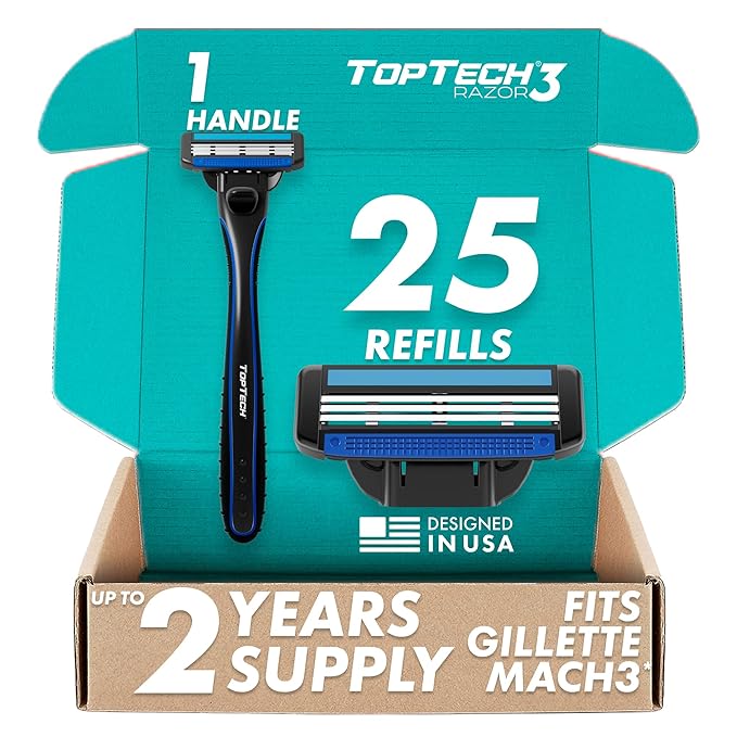 TopTech Razor 3 for Men Two Year Set - Manual Shaving Razor & Replaceable Cartridges (Handle + 25 Refills Pack) - 3 Blades Technology - Fits Gillette Mach3 - Soft Shave & Sharp - Great Refill Price