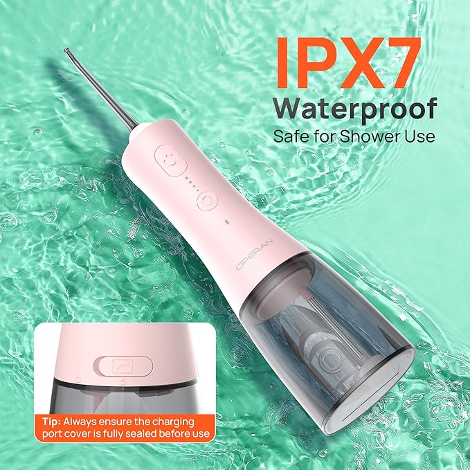 Operan 300ml Cordless Water Dental Flosser, Portable Water Flossers for Teeth, 4 Pulse Modes IPX7 Waterproof Oral Irrigator with 4 Tips, 21 Days Runtime for Travel, Home, Braces, Gum Care, Pink+1Pack